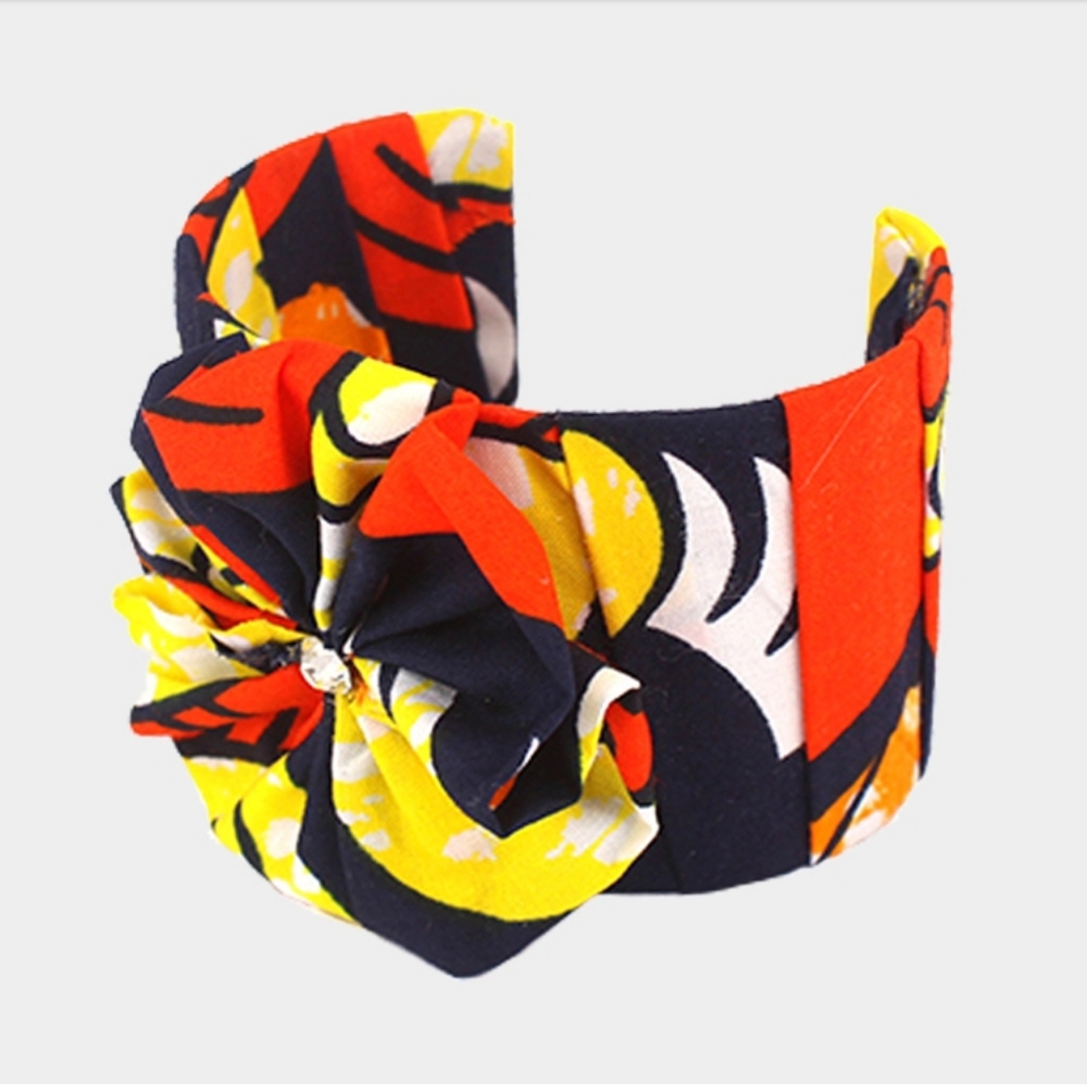 Patterned Fabric Flower Accented Cuff Bracelet